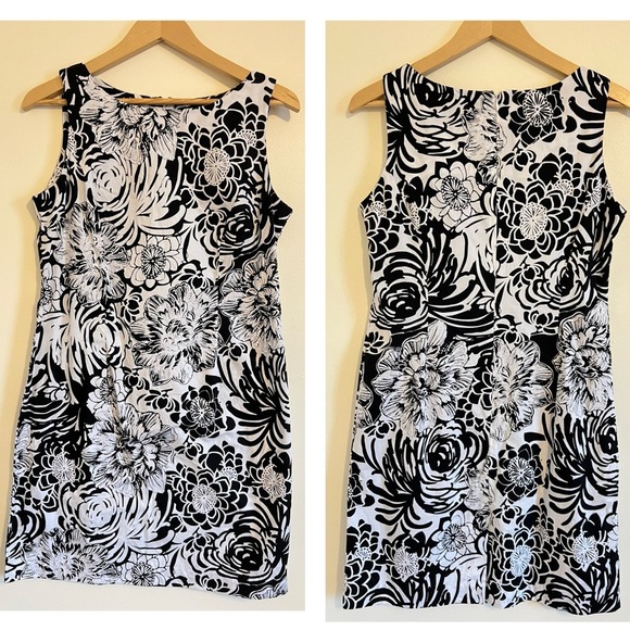KARIN STEVENS Women Dress 12 Floral Black White Slip Preppy Sheath Cotton Modest - Picture 1 of 17